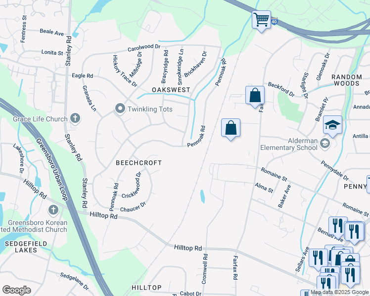 map of restaurants, bars, coffee shops, grocery stores, and more near 4705 Pennoak Lane in Greensboro