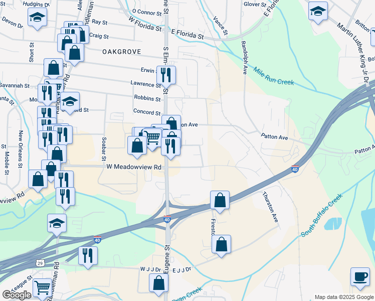 map of restaurants, bars, coffee shops, grocery stores, and more near 120 Eisenhower Avenue in Greensboro
