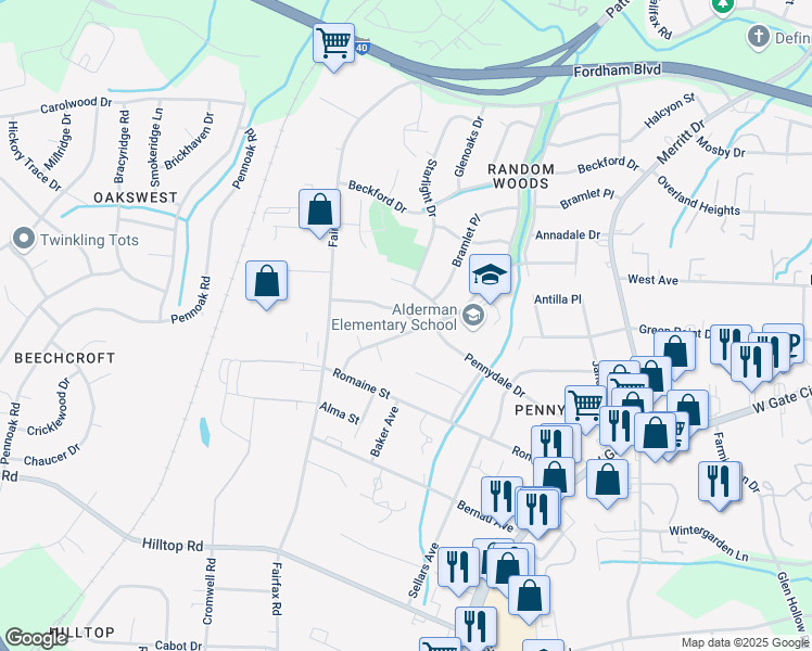 map of restaurants, bars, coffee shops, grocery stores, and more near 4501 Havenwood Drive in Greensboro