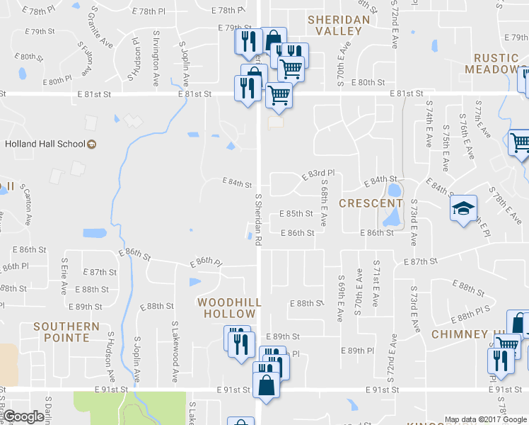 map of restaurants, bars, coffee shops, grocery stores, and more near 8502 South 65th East Place in Tulsa