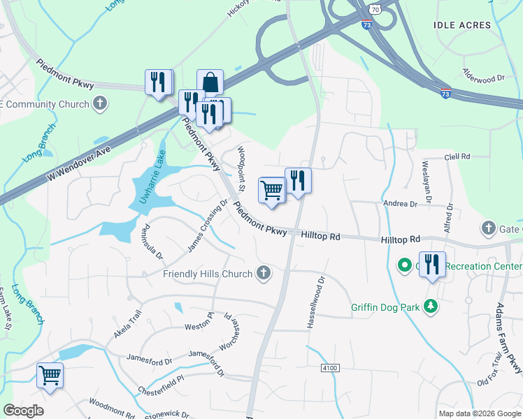 map of restaurants, bars, coffee shops, grocery stores, and more near 4917 101 Piedmont Parkway in Jamestown