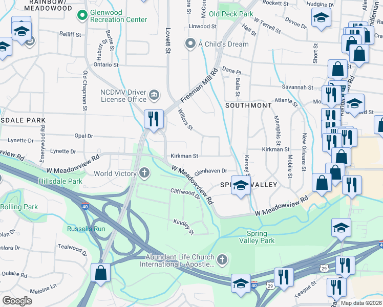 map of restaurants, bars, coffee shops, grocery stores, and more near 1310 Kirkman Street in Greensboro