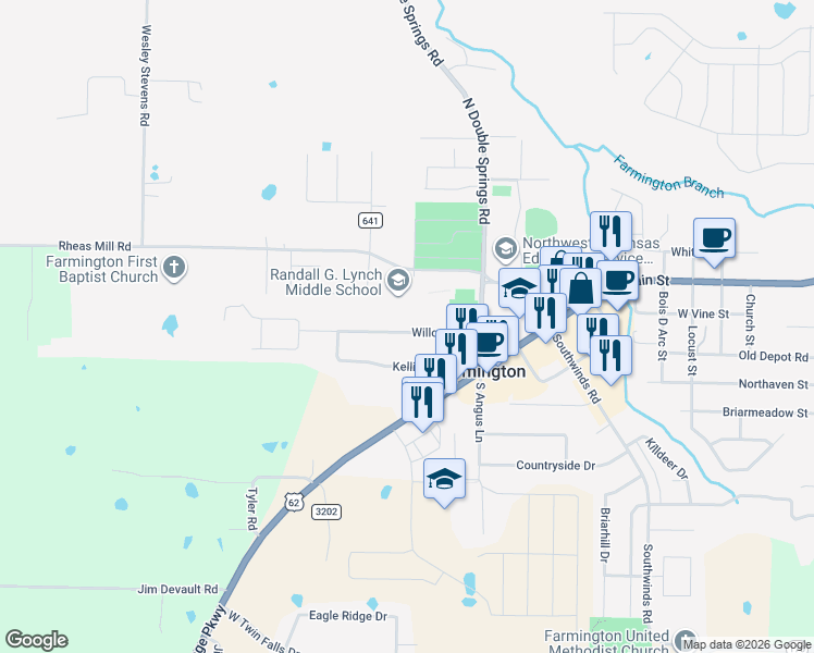 map of restaurants, bars, coffee shops, grocery stores, and more near 310 Willow Avenue in Farmington