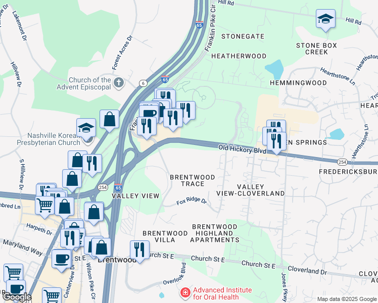 map of restaurants, bars, coffee shops, grocery stores, and more near 761 Old Hickory Boulevard in Brentwood
