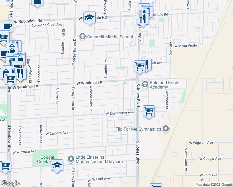 map of restaurants, bars, coffee shops, grocery stores, and more near 6207 Mount Palomar Avenue in Las Vegas