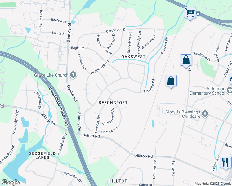 map of restaurants, bars, coffee shops, grocery stores, and more near 4725 Pennoak Road in Greensboro