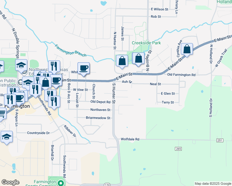 map of restaurants, bars, coffee shops, grocery stores, and more near 88 South Hunter Street in Farmington
