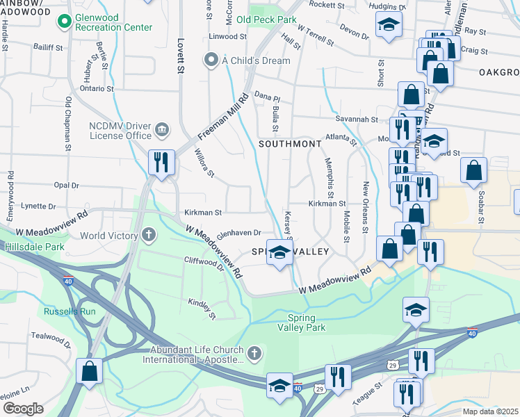 map of restaurants, bars, coffee shops, grocery stores, and more near 1102 Kirkman Street in Greensboro
