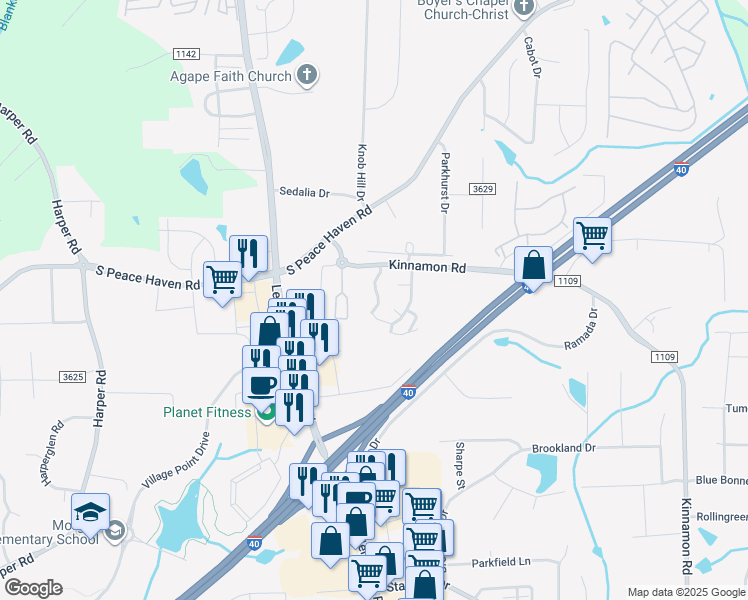 map of restaurants, bars, coffee shops, grocery stores, and more near 2325 Bay Meadows Court in Winston-Salem