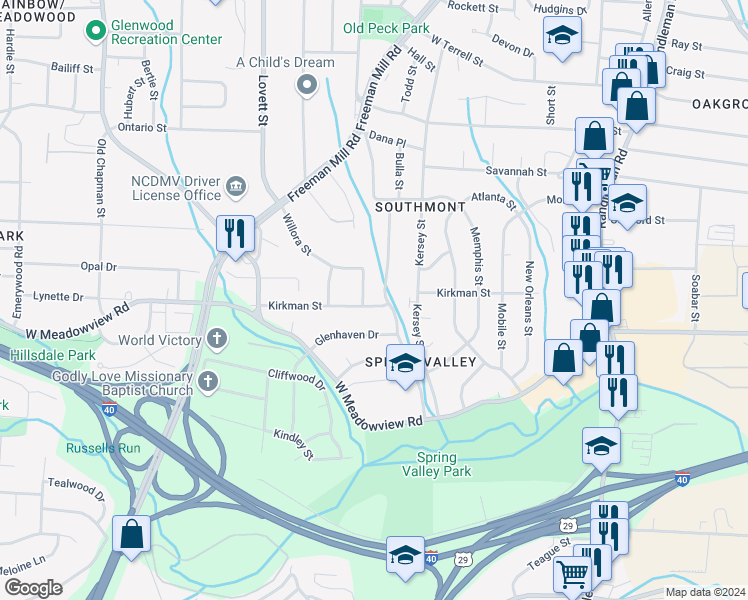map of restaurants, bars, coffee shops, grocery stores, and more near 1104 Kirkman Street in Greensboro