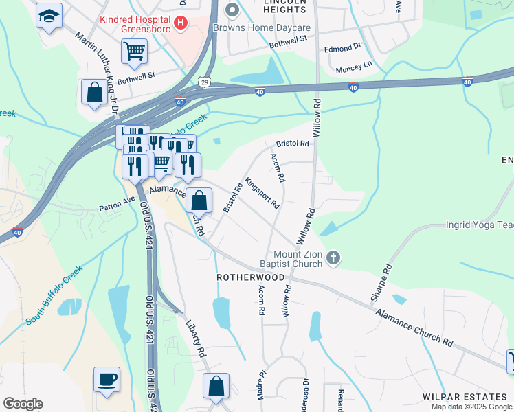 map of restaurants, bars, coffee shops, grocery stores, and more near 1311 Rotherwood Road in Greensboro