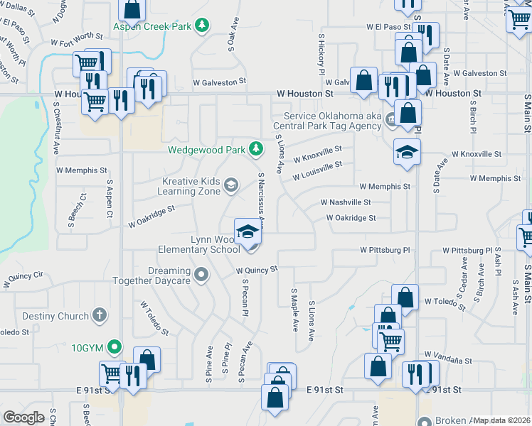 map of restaurants, bars, coffee shops, grocery stores, and more near 1413 South Narcissus Avenue in Broken Arrow