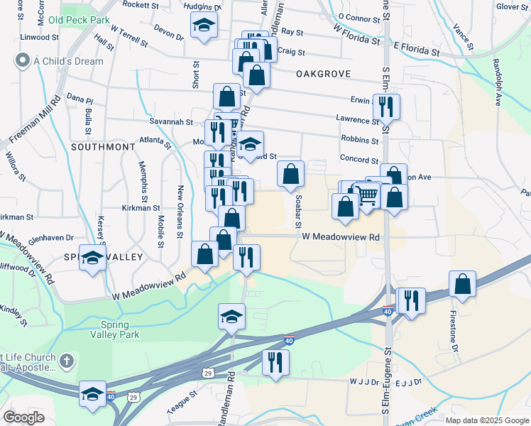 map of restaurants, bars, coffee shops, grocery stores, and more near 310 West Meadowview Road in Greensboro