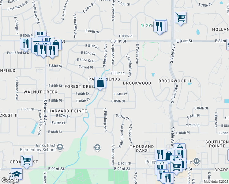 map of restaurants, bars, coffee shops, grocery stores, and more near 4205 East 84th Place in Tulsa