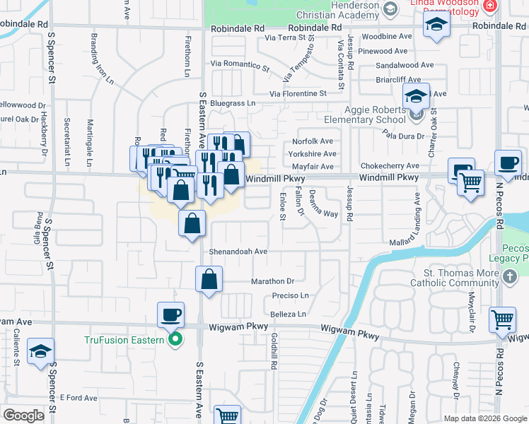map of restaurants, bars, coffee shops, grocery stores, and more near 2905 Sarina Avenue in Henderson