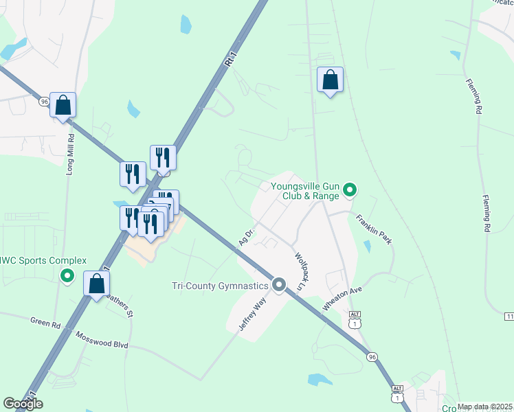map of restaurants, bars, coffee shops, grocery stores, and more near 302 Wolfpack Lane in Youngsville