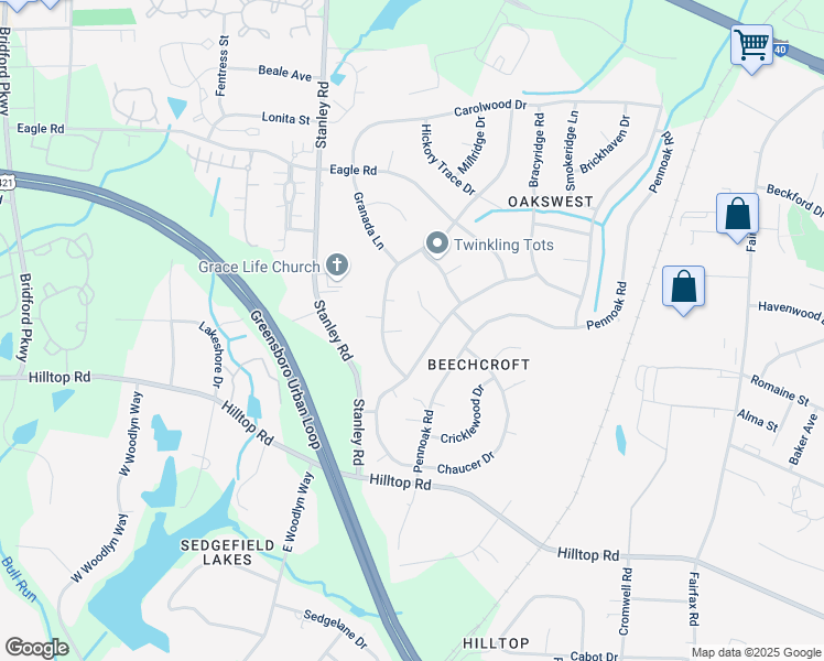 map of restaurants, bars, coffee shops, grocery stores, and more near 1 Old Farm Court in Greensboro