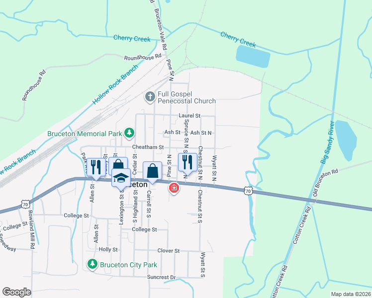 map of restaurants, bars, coffee shops, grocery stores, and more near 120 Spruce Street North in Bruceton