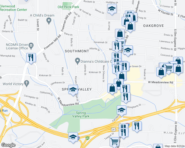 map of restaurants, bars, coffee shops, grocery stores, and more near 514 Memphis Street in Greensboro