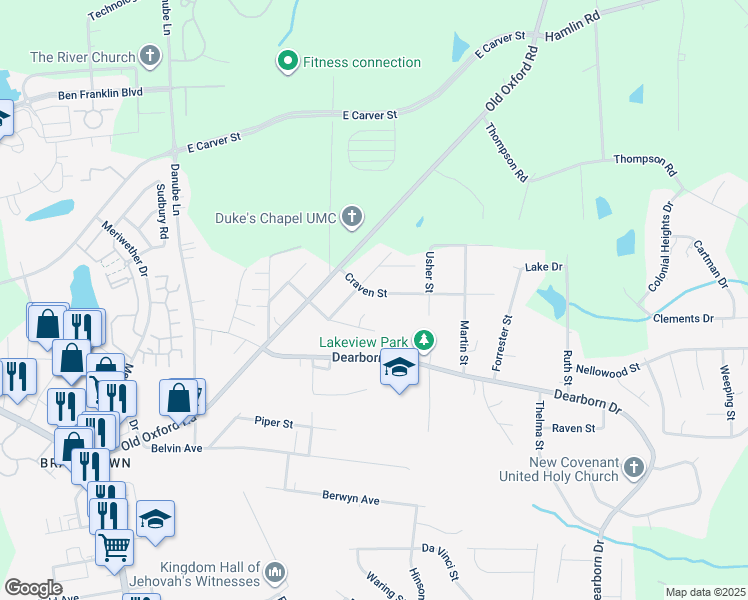 map of restaurants, bars, coffee shops, grocery stores, and more near 420 Craven Street in Durham