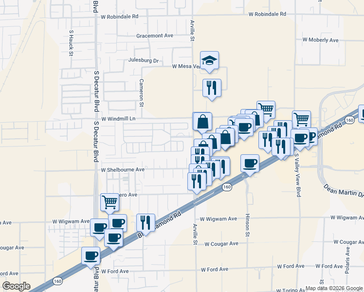 map of restaurants, bars, coffee shops, grocery stores, and more near 8175 Arville Street in Las Vegas