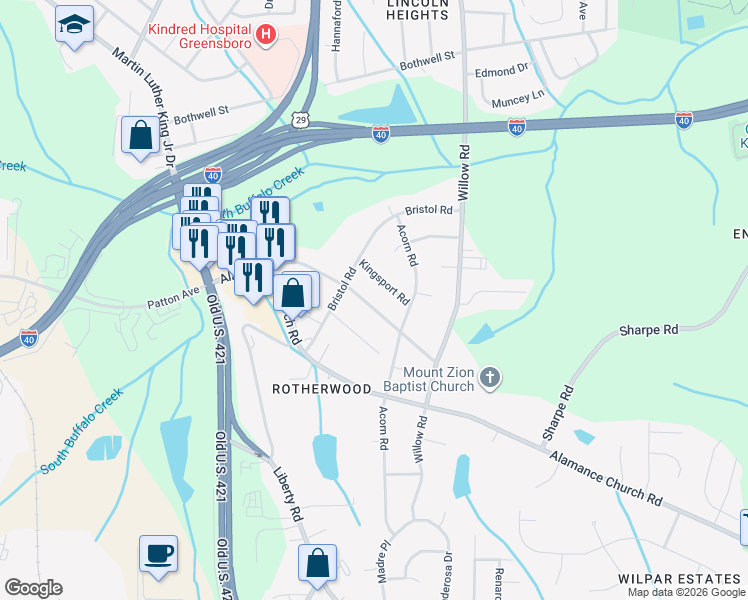 map of restaurants, bars, coffee shops, grocery stores, and more near 1311 Rotherwood Road in Greensboro