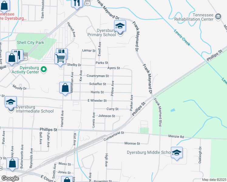 map of restaurants, bars, coffee shops, grocery stores, and more near 1800 Harris Street in Dyersburg