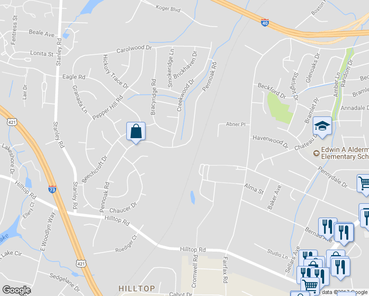 map of restaurants, bars, coffee shops, grocery stores, and more near 4663 Pennoak Road in Greensboro