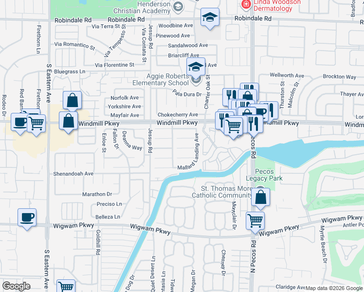 map of restaurants, bars, coffee shops, grocery stores, and more near 2716 Cricket Hollow Court in Henderson