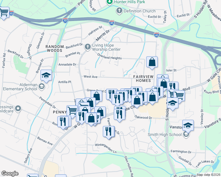 map of restaurants, bars, coffee shops, grocery stores, and more near 3852 Green Point Drive in Greensboro
