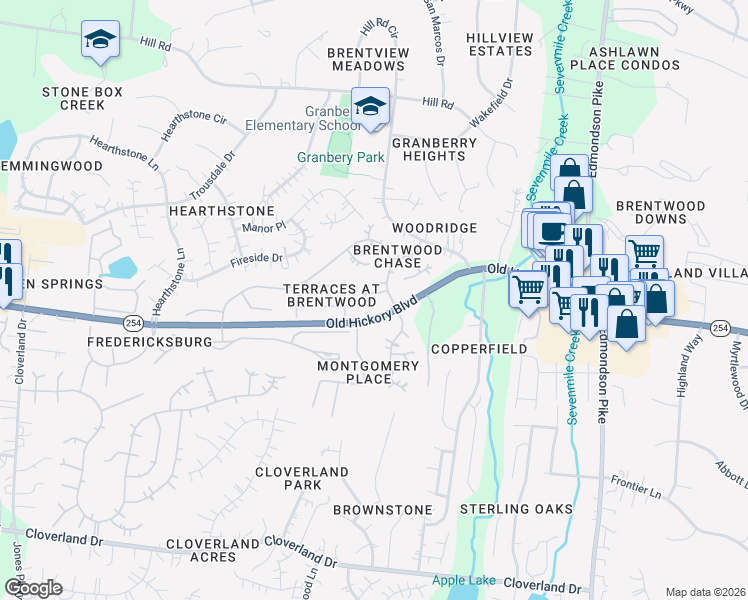 map of restaurants, bars, coffee shops, grocery stores, and more near 6313 Leconte Park in Brentwood