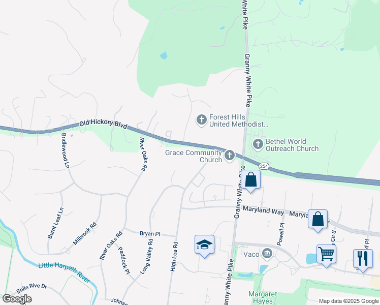 map of restaurants, bars, coffee shops, grocery stores, and more near 1251 Old Hickory Boulevard in Brentwood