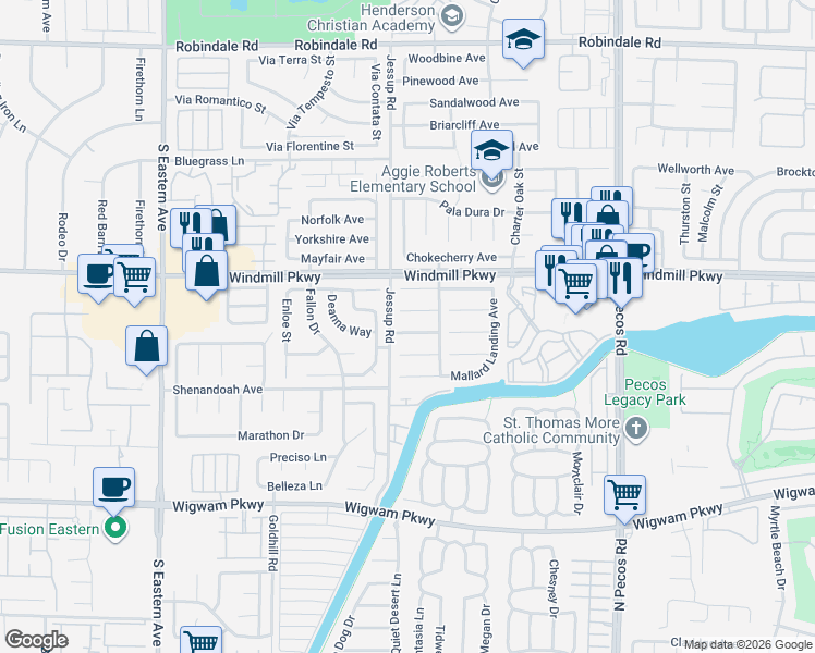 map of restaurants, bars, coffee shops, grocery stores, and more near 2732 Aspen Wood Avenue in Henderson