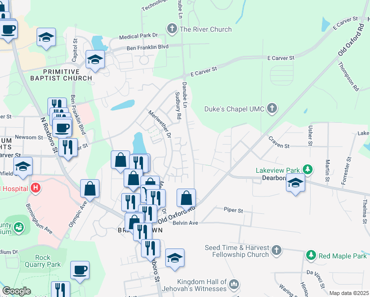 map of restaurants, bars, coffee shops, grocery stores, and more near 3804 Meriwether Drive in Durham