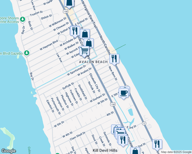 map of restaurants, bars, coffee shops, grocery stores, and more near 2042 North Croatan Highway in Kill Devil Hills