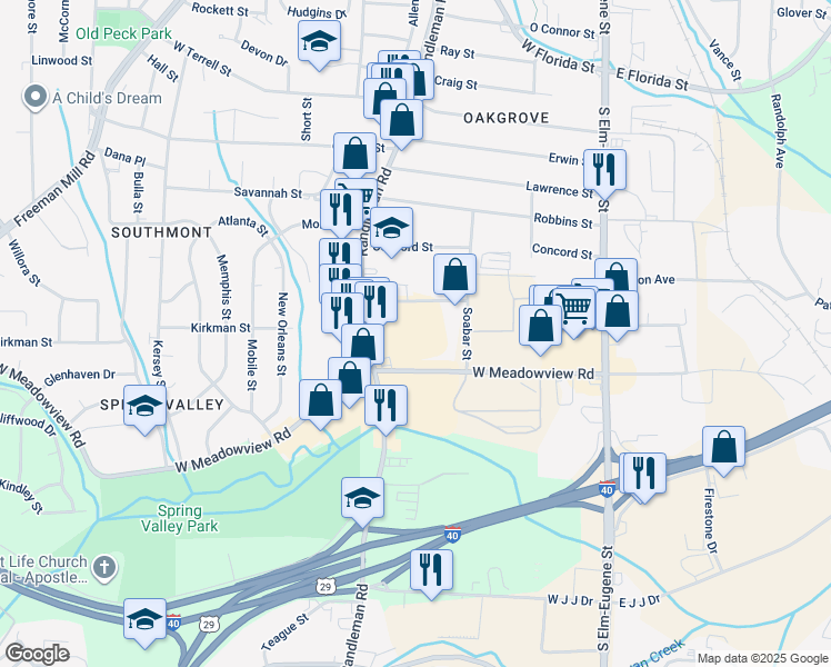 map of restaurants, bars, coffee shops, grocery stores, and more near 310 West Meadowview Road in Greensboro