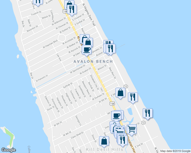 map of restaurants, bars, coffee shops, grocery stores, and more near 2042 North Croatan Highway in Kill Devil Hills