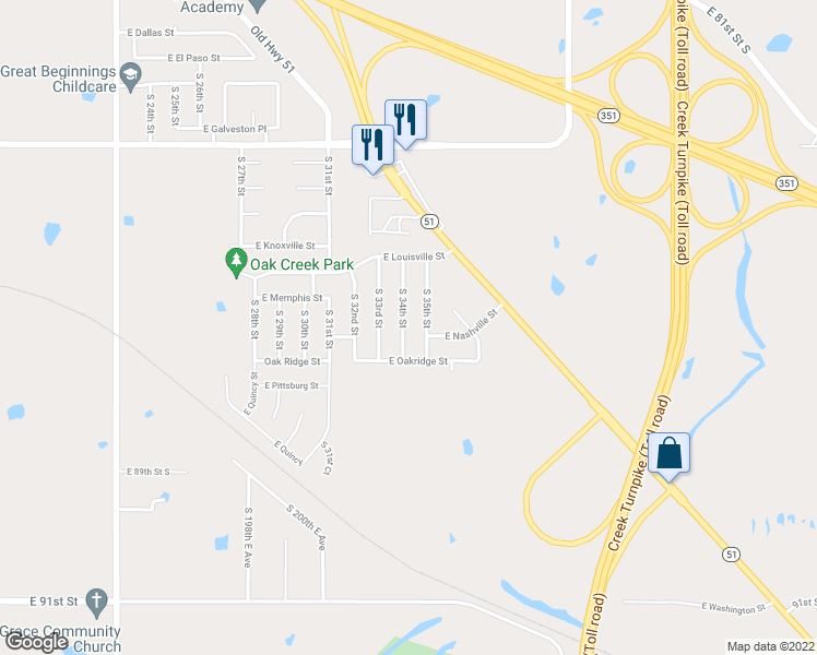 map of restaurants, bars, coffee shops, grocery stores, and more near 1217 South 34th Street in Broken Arrow