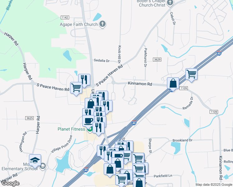 map of restaurants, bars, coffee shops, grocery stores, and more near 2325 Bay Meadows Court in Winston-Salem