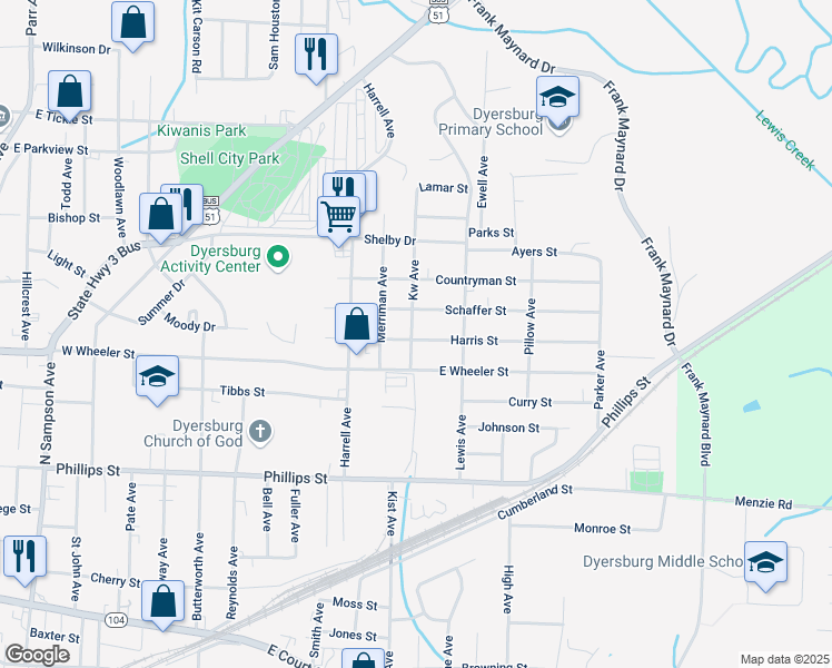 map of restaurants, bars, coffee shops, grocery stores, and more near 1600 Harris Street in Dyersburg