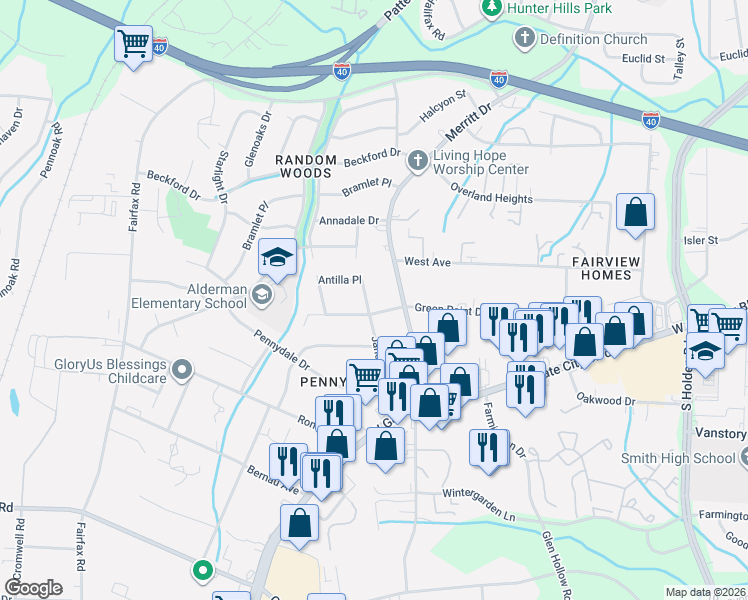 map of restaurants, bars, coffee shops, grocery stores, and more near 4102 Green Point Drive in Greensboro
