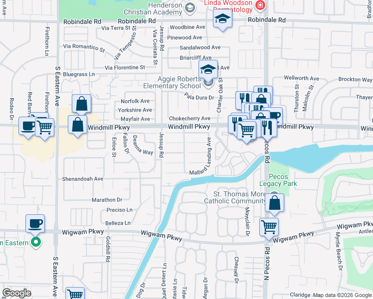 map of restaurants, bars, coffee shops, grocery stores, and more near 2718 Cricket Hollow Court in Henderson