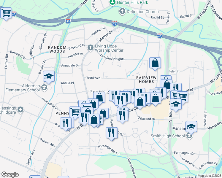 map of restaurants, bars, coffee shops, grocery stores, and more near 3852 Green Point Drive in Greensboro