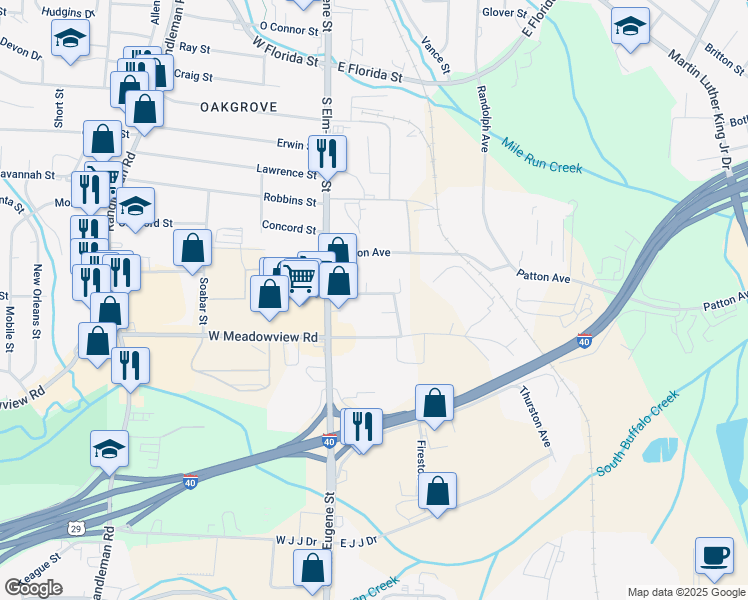 map of restaurants, bars, coffee shops, grocery stores, and more near 120 Eisenhower Avenue in Greensboro