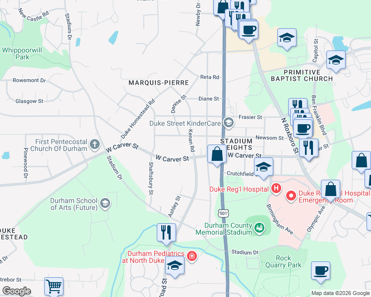 map of restaurants, bars, coffee shops, grocery stores, and more near 3009 Kenan Road in Durham