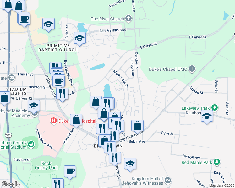 map of restaurants, bars, coffee shops, grocery stores, and more near 4001 Meriwether Drive in Durham