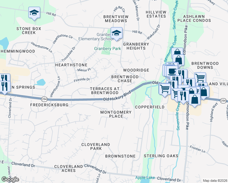 map of restaurants, bars, coffee shops, grocery stores, and more near 6313 Leconte Park in Brentwood