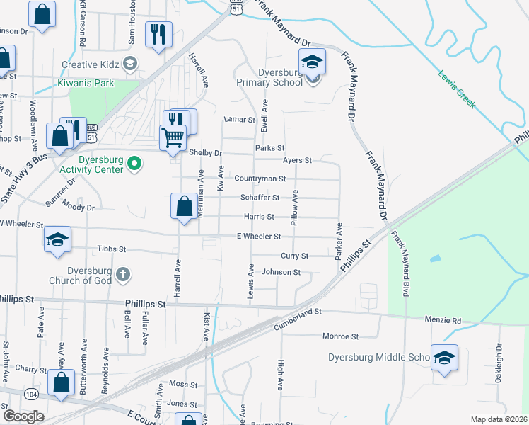 map of restaurants, bars, coffee shops, grocery stores, and more near 1726 Harris Street in Dyersburg