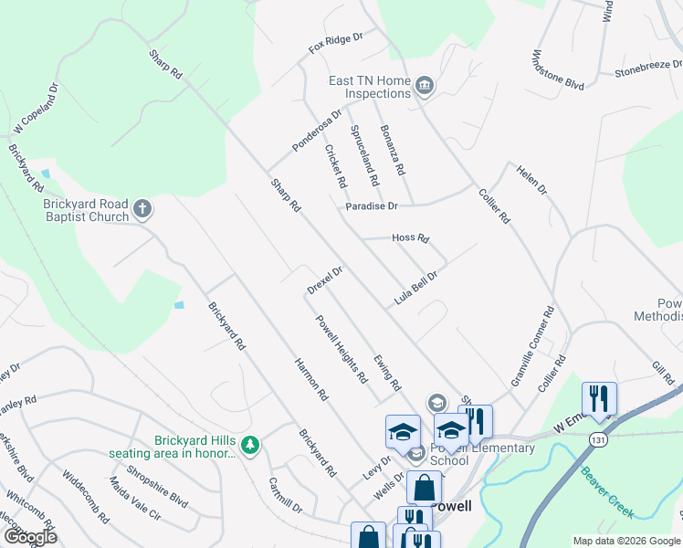 map of restaurants, bars, coffee shops, grocery stores, and more near 8030 Ewing Road in Powell