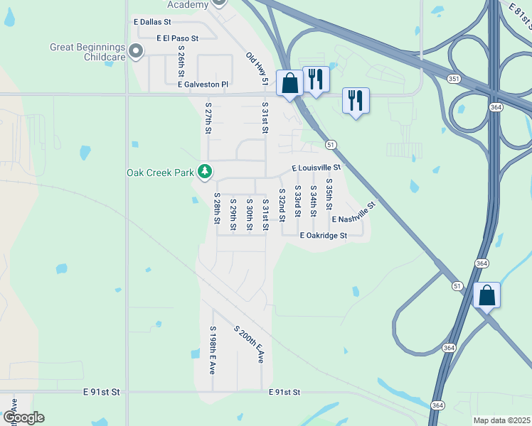 map of restaurants, bars, coffee shops, grocery stores, and more near 1221 South 30th Street in Broken Arrow